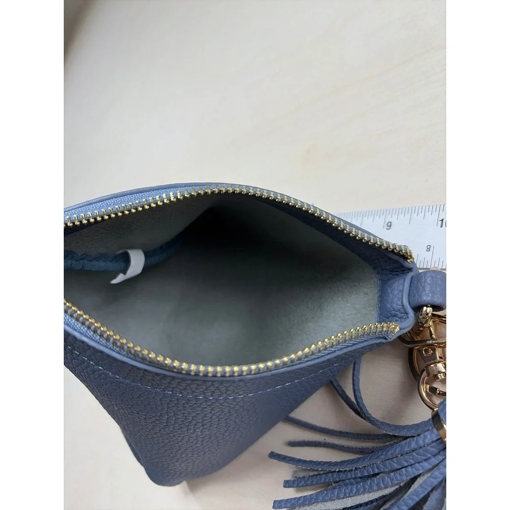 Blue Pyramid Geometric Wristlet Pouch Tassel Charm Pebble Faux Leather Clutch